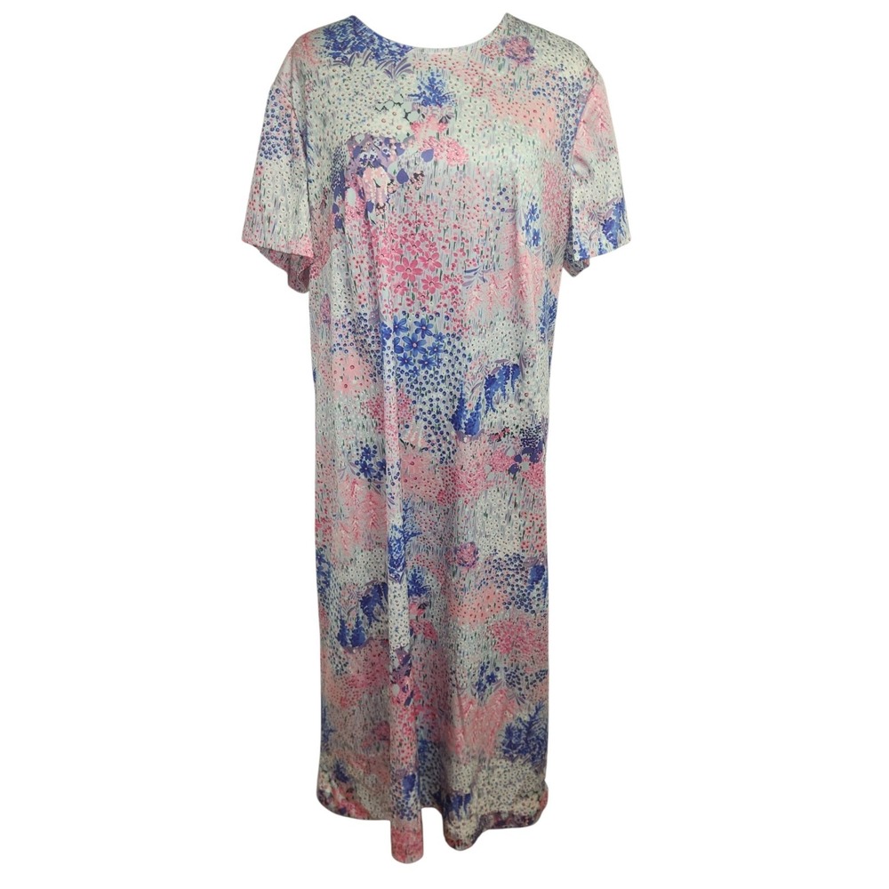 Vintage Day Dress Floral Blue Purple Cottagecore Short Sleeve Size XL Colorful